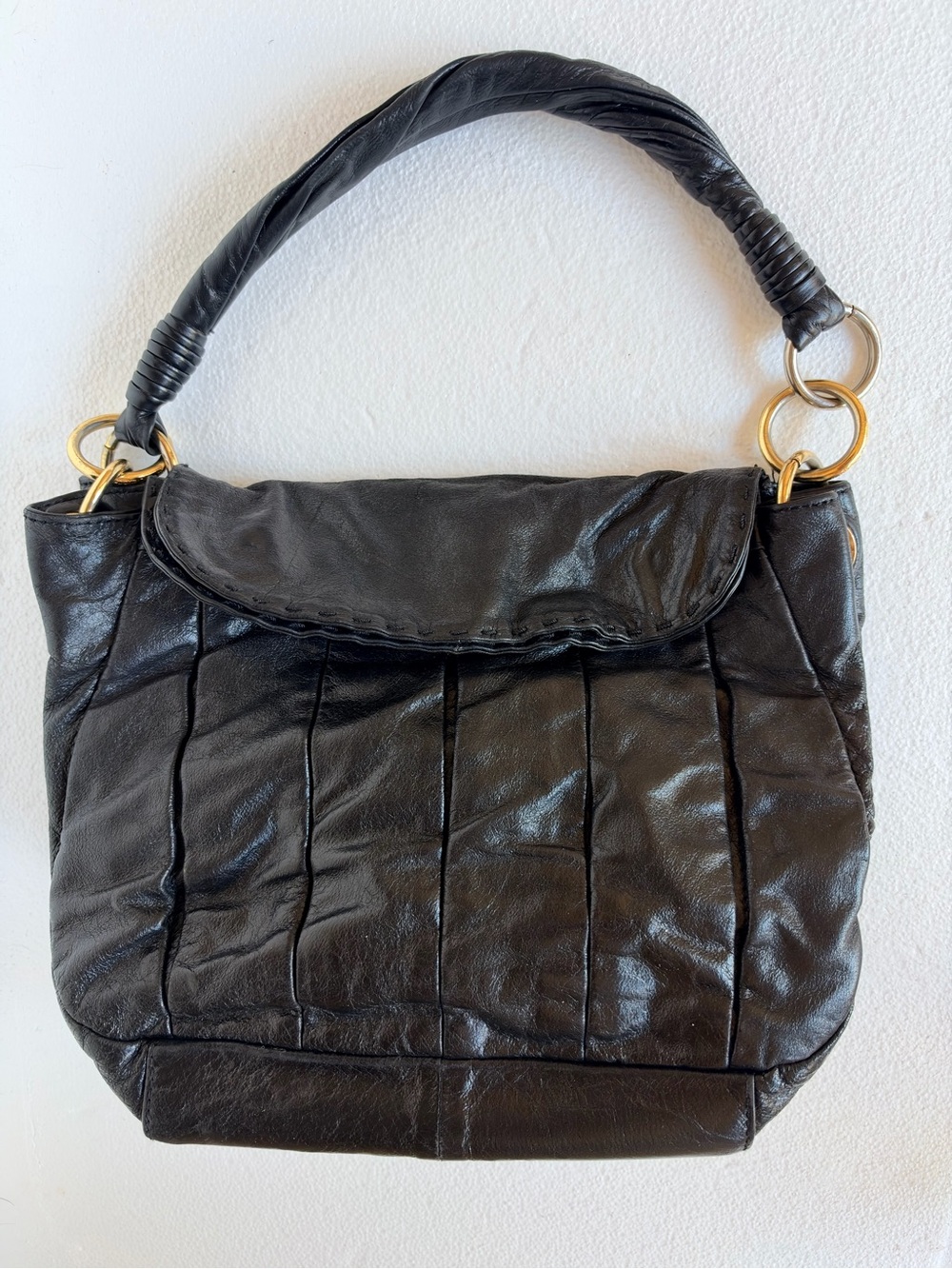 DONALD J PLINER Slouchy Hobo Black Leather Shoulder Bag Gold Hardware